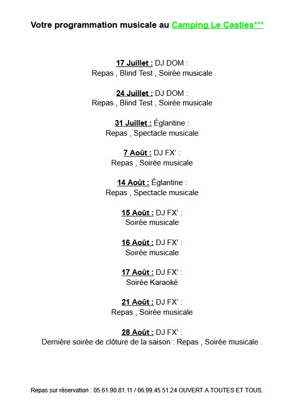 PROGRAMMATION MUSICALE AU CAMPING LE CASTIES***