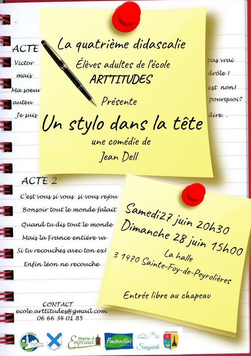 SPECTACLE THÉÂTRE : UN STYLO DANS LA TETE